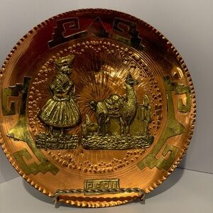 Decorative Copper and Gold Plate with Peruvian Design